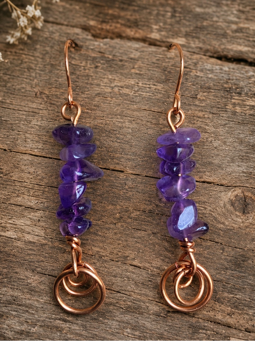 Handcrafted Purple Amethyst Chip Drop Earrings with Copper Rings